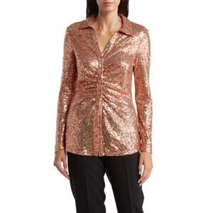 DR2 by Daniel Rainn Shirt Sequin Ruched Long Sleeve Button-Up Copper Rose NWT S